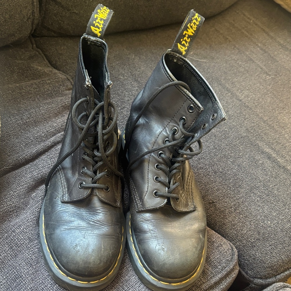 Dr. Martens Black Leather Lace-Up Ankle Boots with Yellow Stitching